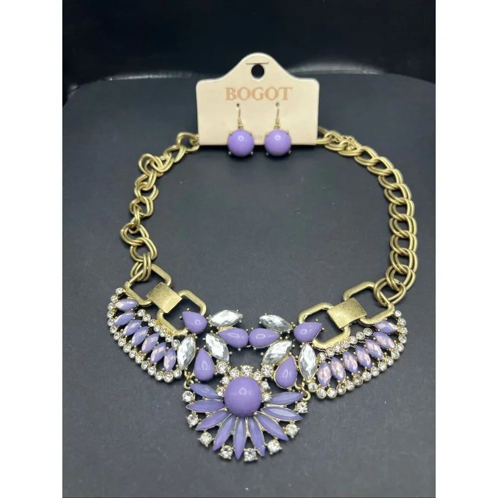 New! Bogot Bronze Tone Lavender Rhinestone Chunky Statement Necklace Earring Set